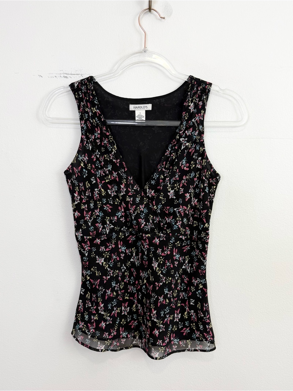 Vintage 90s Y2K Harold’s 100% Silk Butterfly Print Sleeveless Surplice Blouse 2